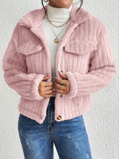 Fuzzy Button Up Collared Neck Jacket - TRENDMELO