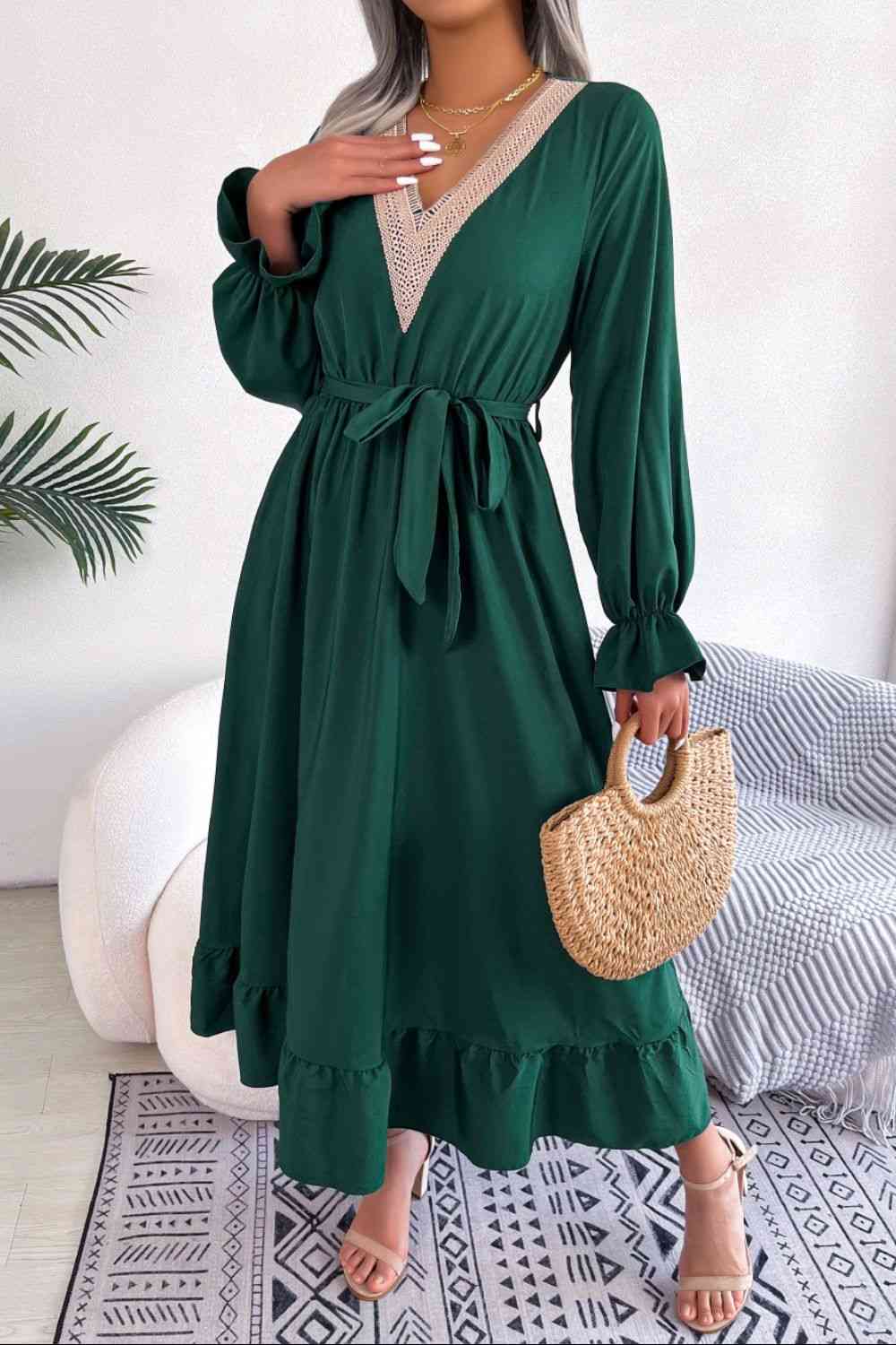 Contrast Belted Flounce Sleeve Dress - TRENDMELO