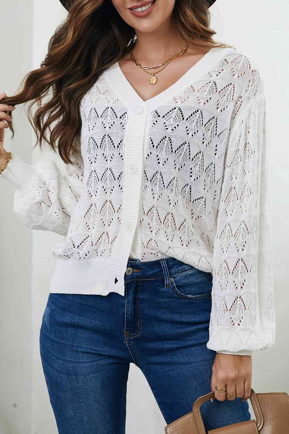 Openwork V-Neck Cardigan - TRENDMELO