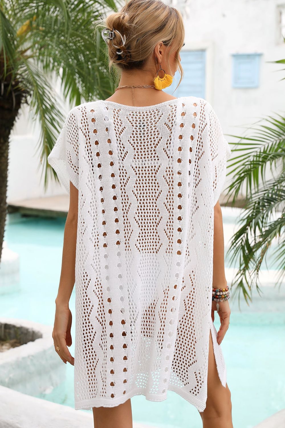 Openwork Plunge Dolman Sleeve Cover-Up Dress - TRENDMELO