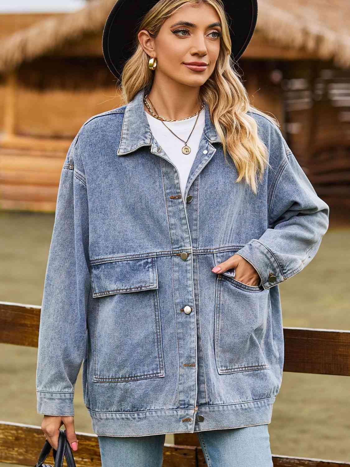 Dropped Shoulder Denim Jacket with Pockets - TRENDMELO