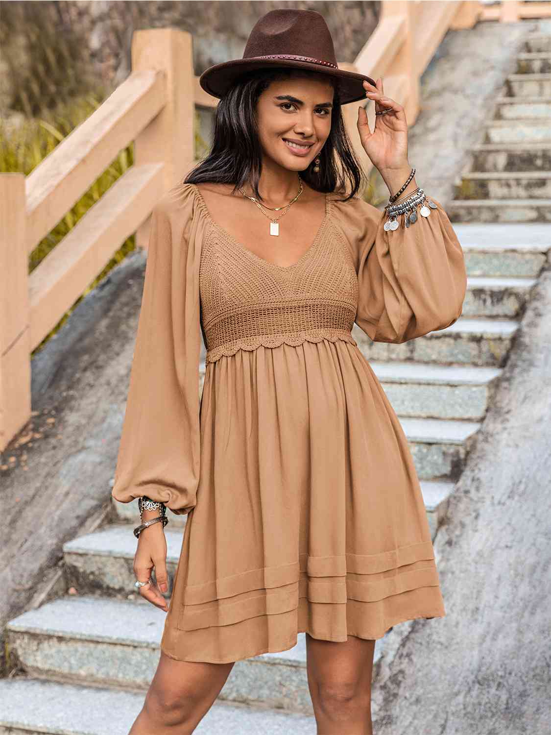 Crochet V-Neck Balloon Sleeve Dress - TRENDMELO