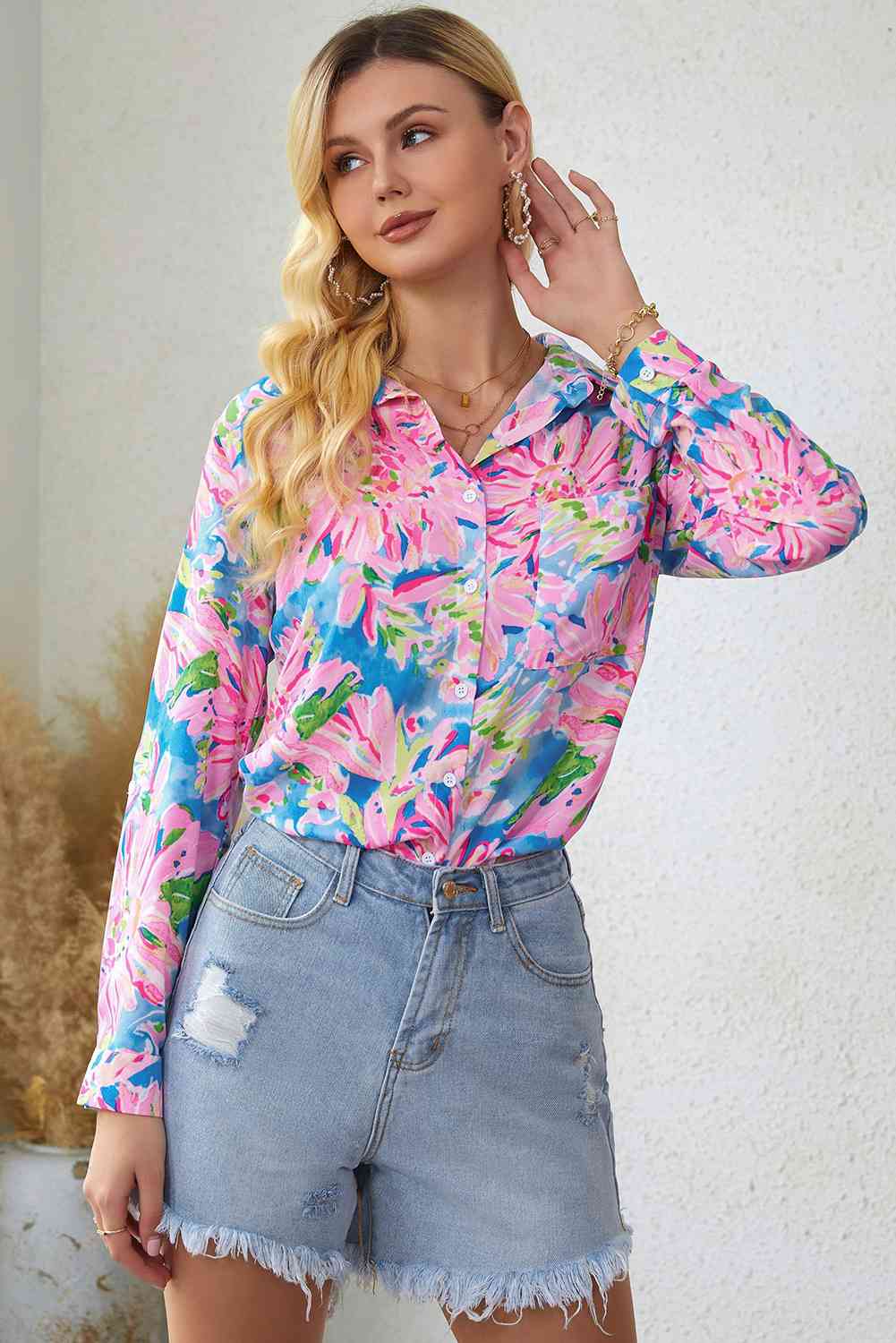 Double Take Floral Long Sleeve Collared Shirt - TRENDMELO