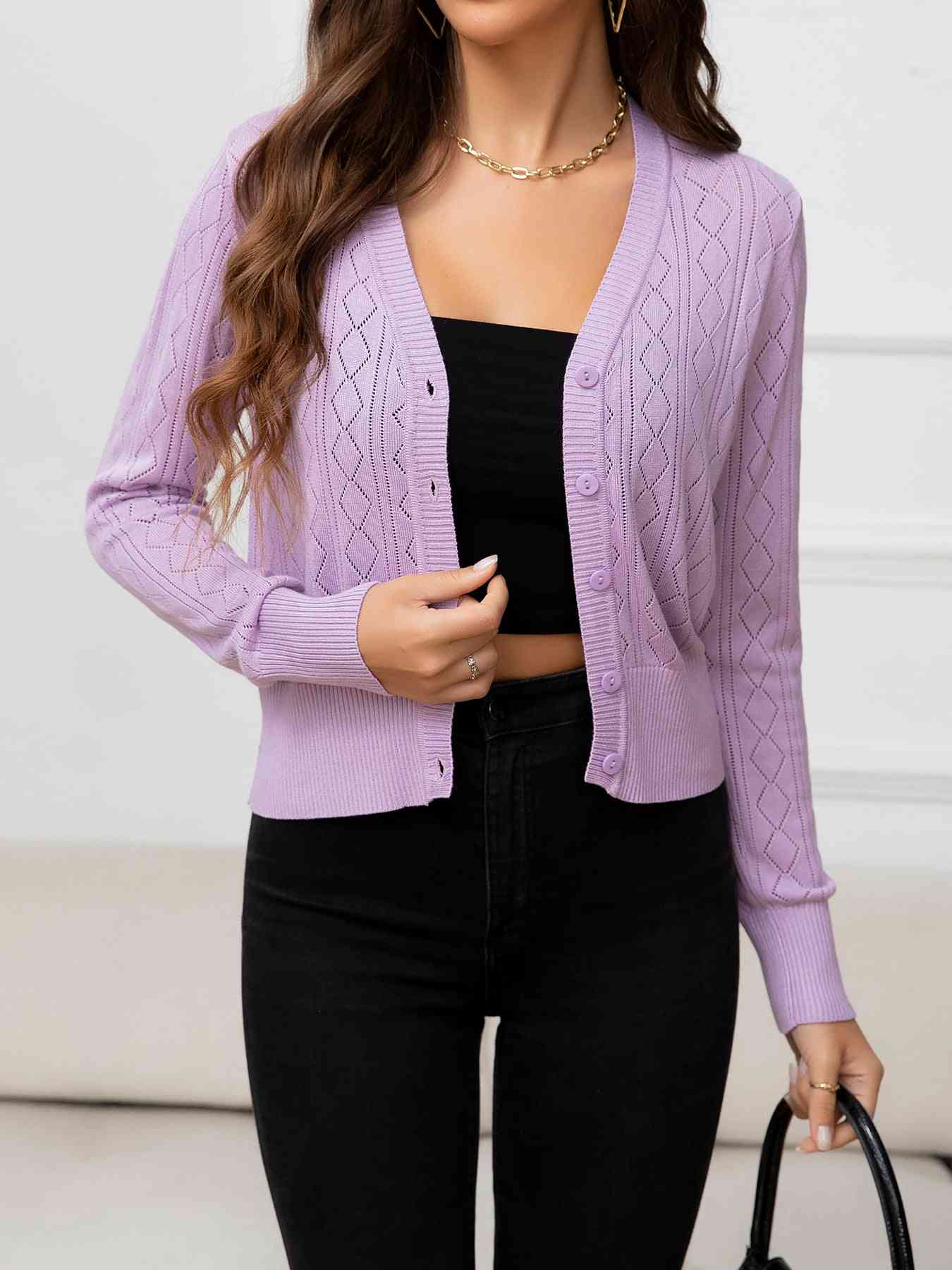 V-Neck Buttoned Long Sleeve Knit Top - TRENDMELO