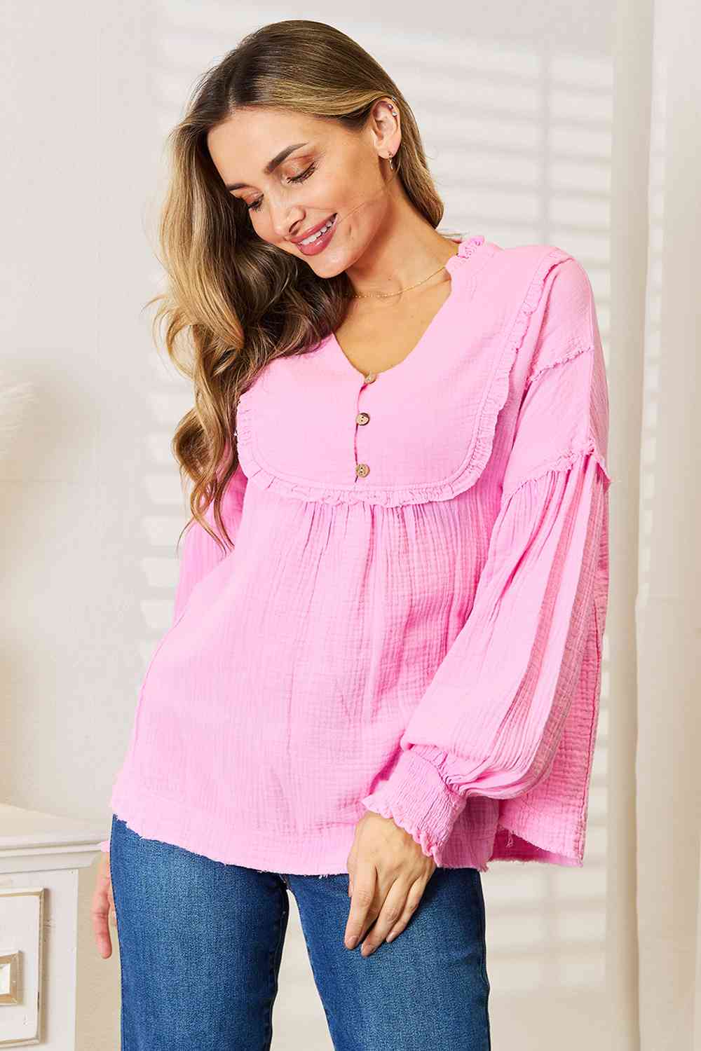 Double Take Exposed Seam Buttoned Notched Neck Blouse - TRENDMELO