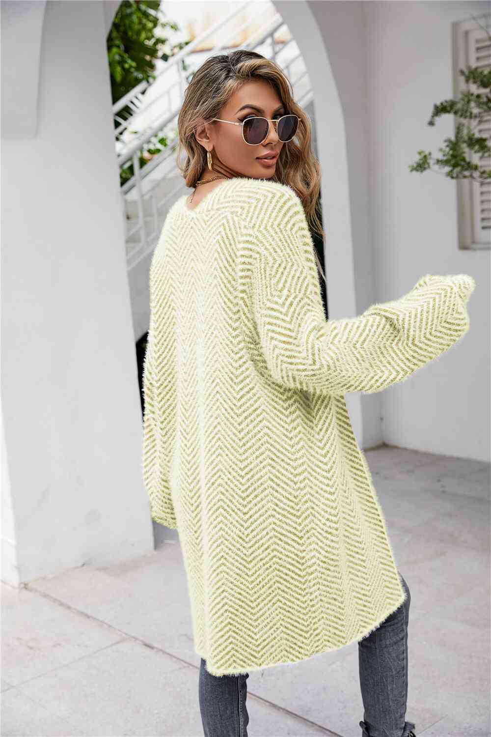 Herringbone Pattern Open Front Longline Fuzzy Cardigan - TRENDMELO