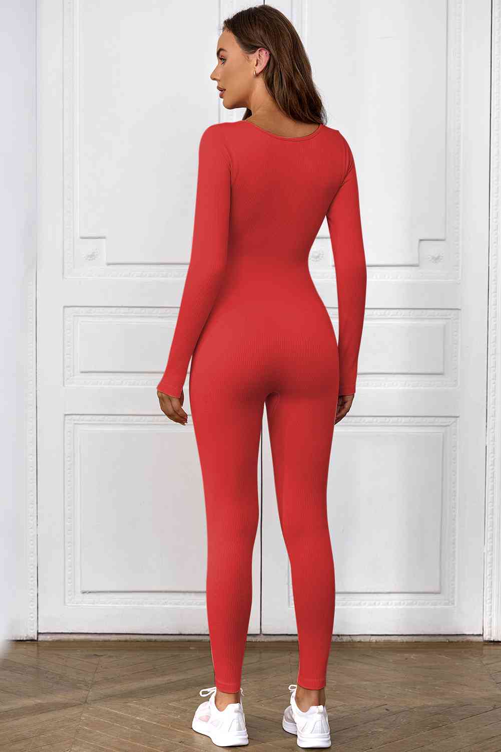 Long Sleeve Scoop Neck Skinny Jumpsuit - TRENDMELO