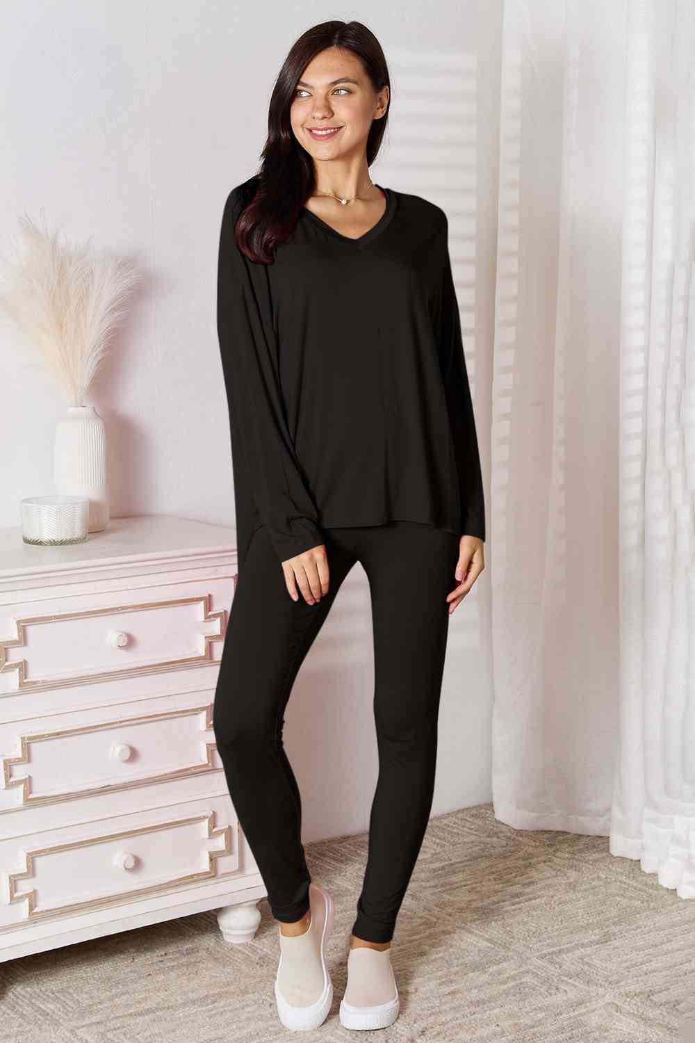 Basic Bae Full Size V-Neck Soft Rayon Long Sleeve Top and Pants Lounge Set - TRENDMELO