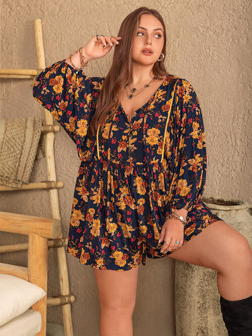 Plus Size Floral Tie Neck Balloon Sleeve Romper - TRENDMELO