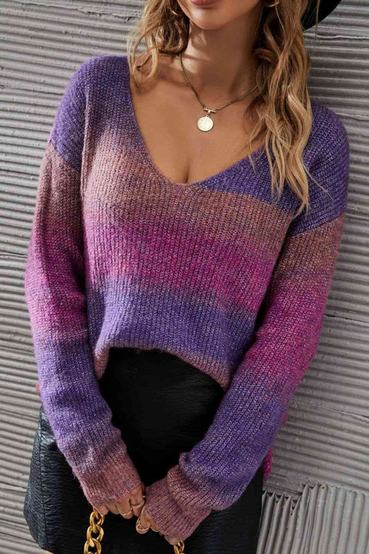 Multicolored Rib-Knit V-Neck Knit Pullover - TRENDMELO