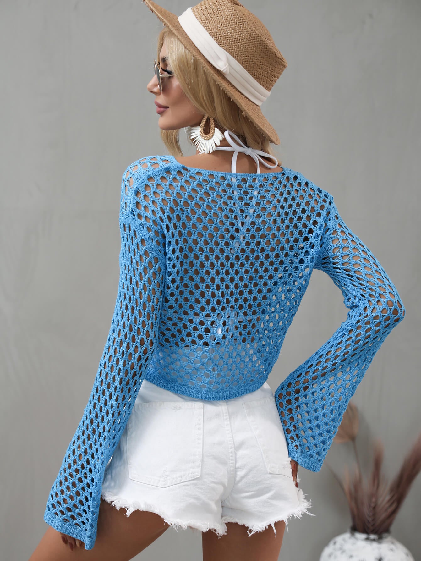 Openwork Flare Sleeve Cropped Cover Up - TRENDMELO