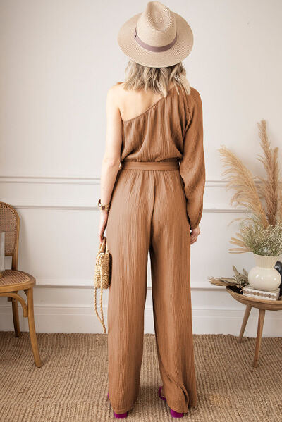 Texture Single Shoulder Tie-Waist Jumpsuit - TRENDMELO