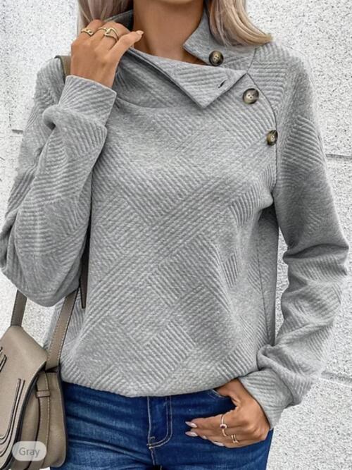 Buttoned Mock Neck Long Sleeve Sweatshirt - TRENDMELO