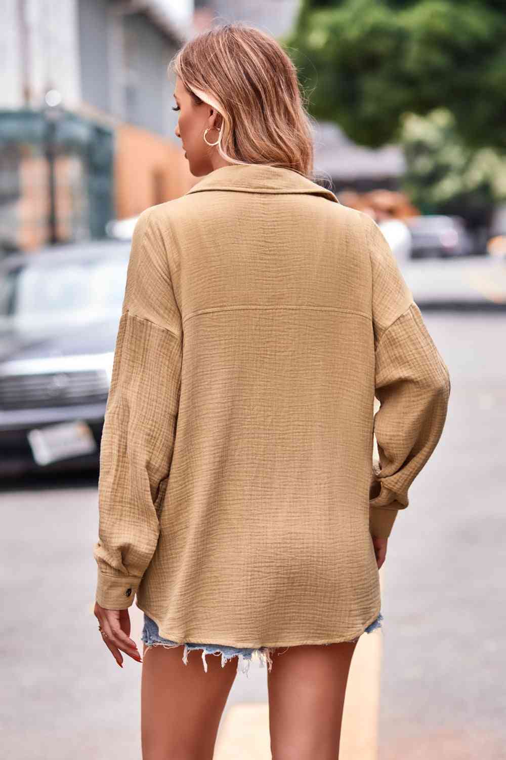 Textured Dropped Shoulder Longline Shirt - TRENDMELO