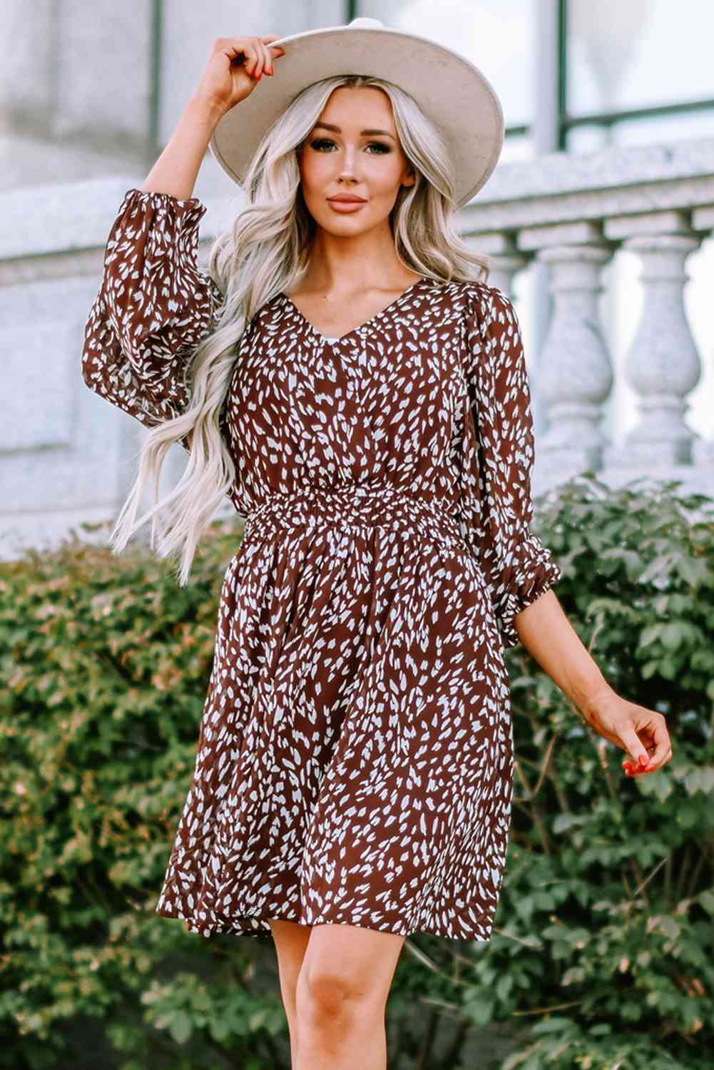 Printed Balloon Sleeve V-Neck Dress - TRENDMELO