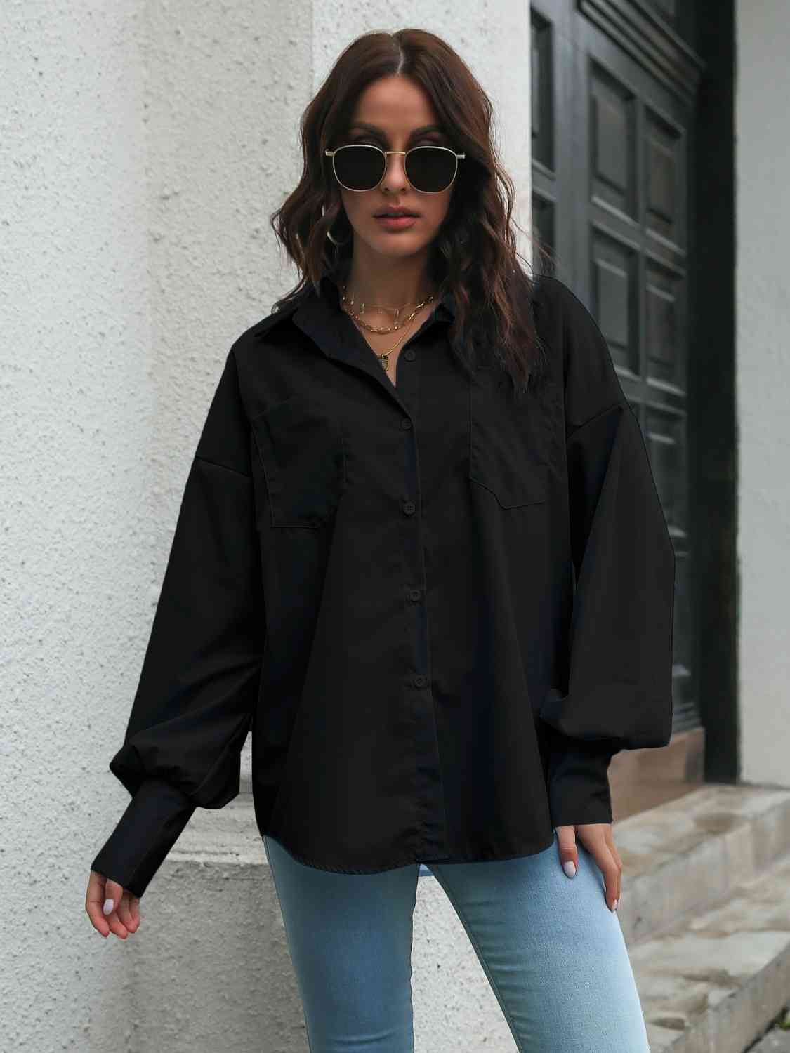 Collared Neck Dropped Shoulder Buttoned Shirt - TRENDMELO