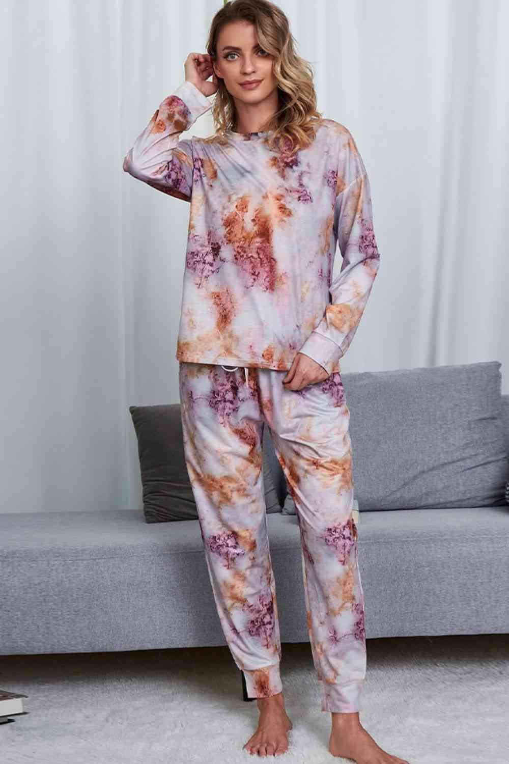 Tie-Dye Crewneck Top and Drawstring Waist Joggers Lounge Set - TRENDMELO