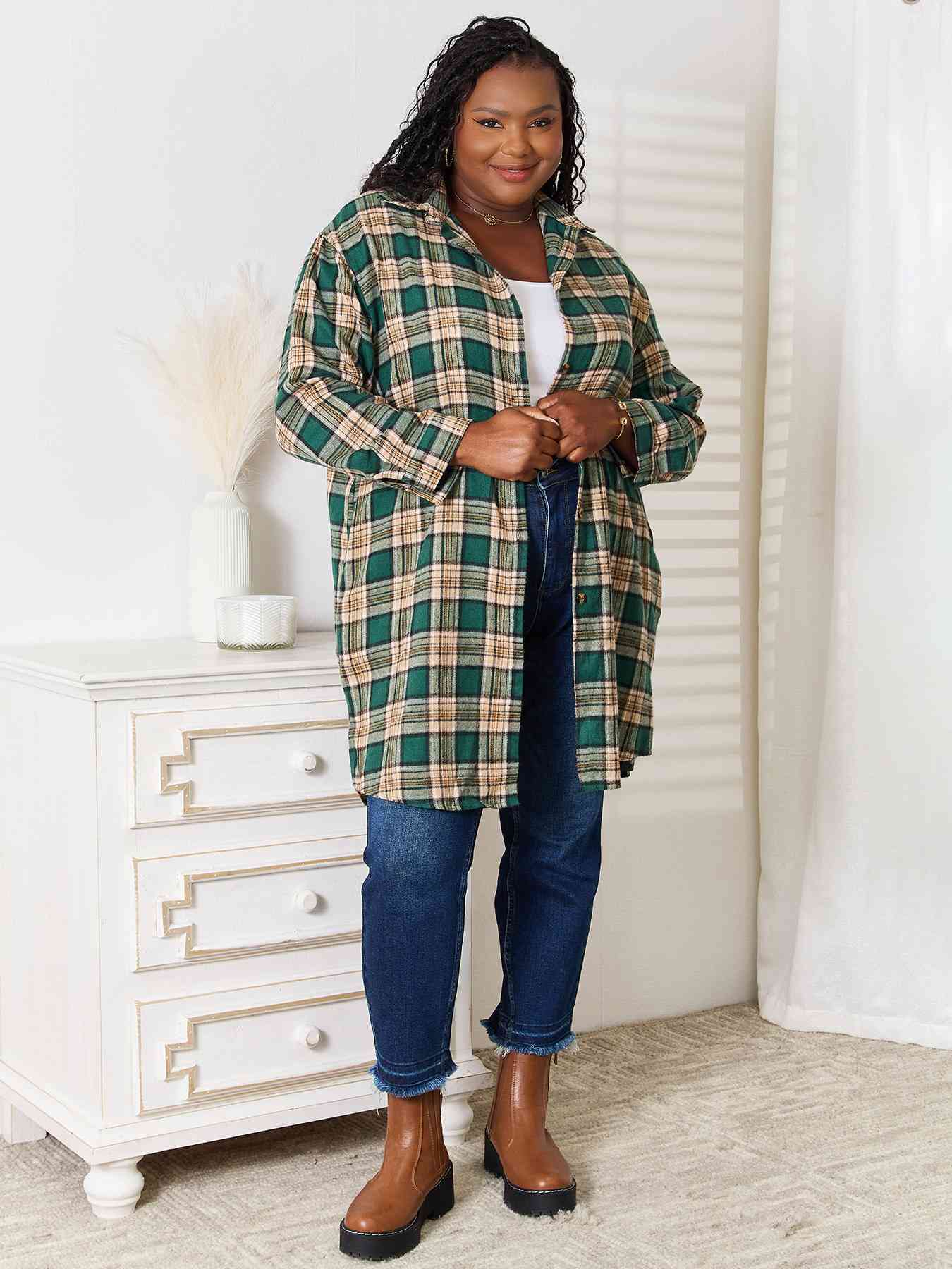 Double Take Plaid Collared Neck Long Sleeve Shirt - TRENDMELO