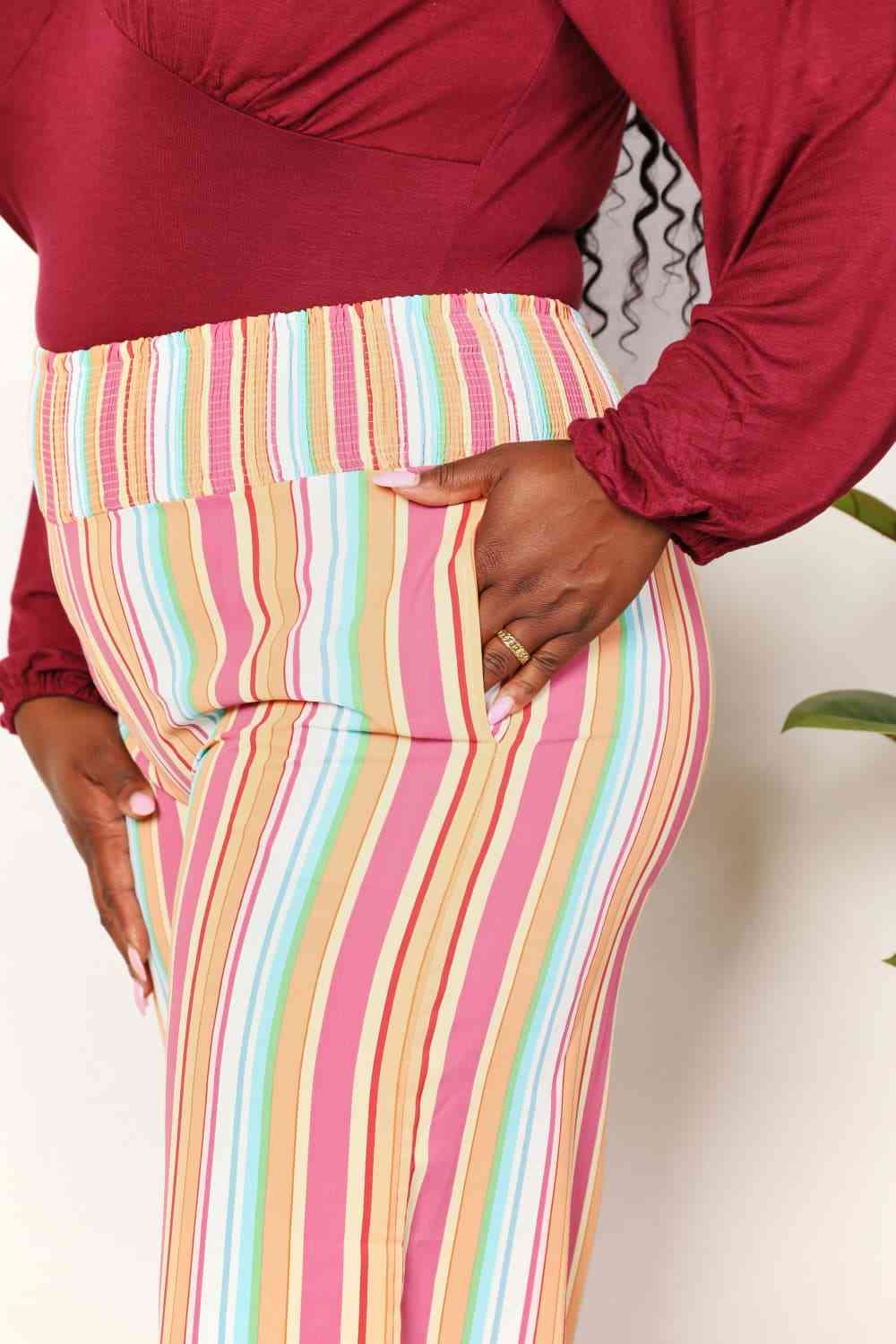 Double Take Striped Smocked Waist Pants with Pockets - TRENDMELO