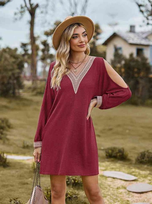 V-Neck Cutout Sleeve Mini Dress - TRENDMELO