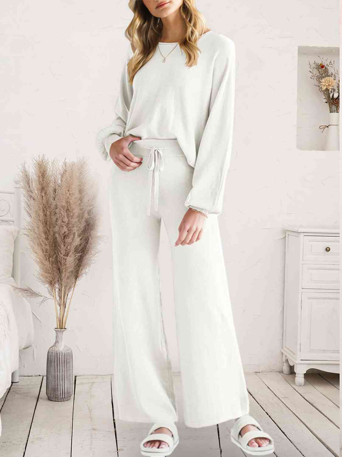 Long Sleeve Lounge Top and Drawstring Pants Set - TRENDMELO