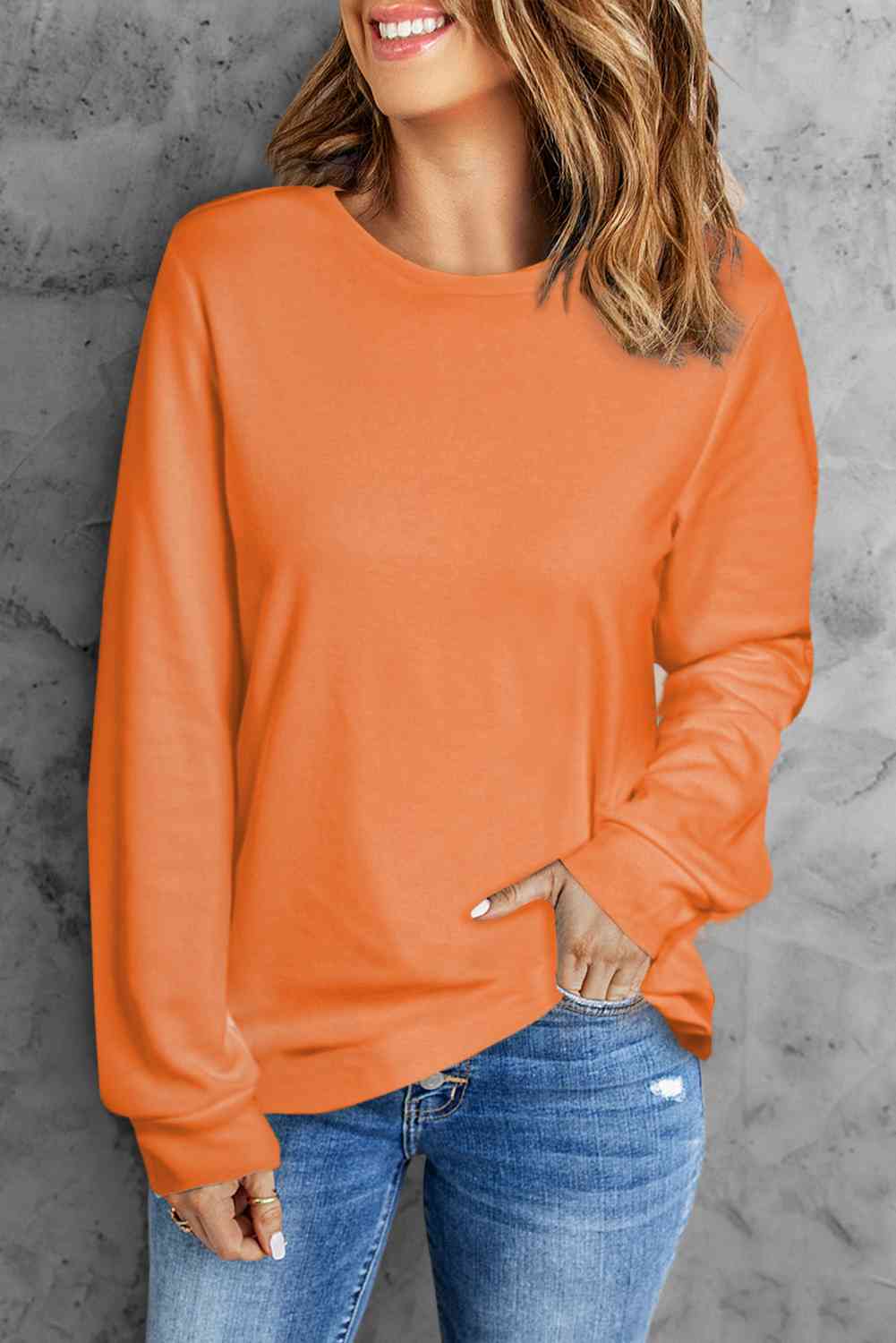 Round Neck Long Sleeve Top - TRENDMELO