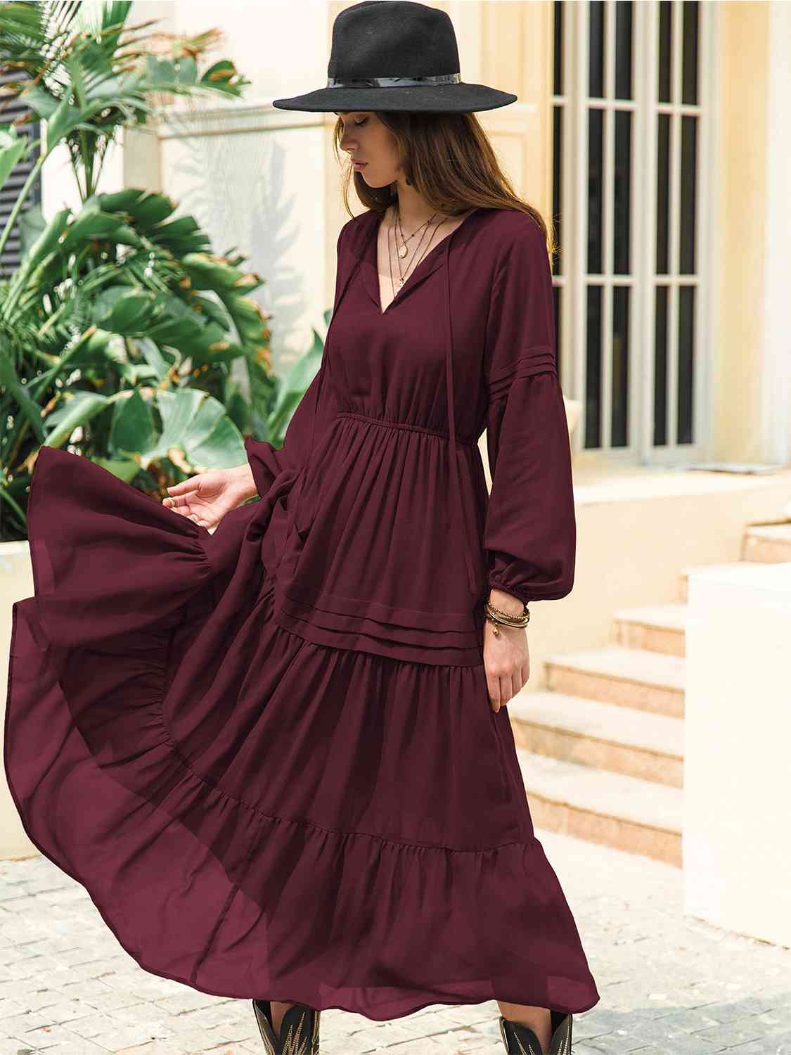 Tie Neck Long Sleeve Midi Tiered Dress - TRENDMELO