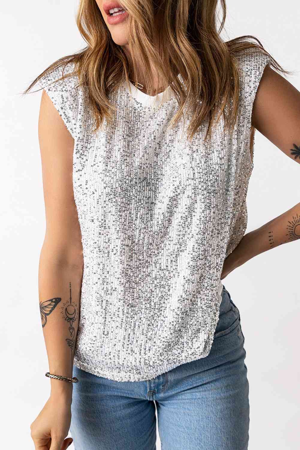 Sequin Round Neck Capped Sleeve Tank - TRENDMELO