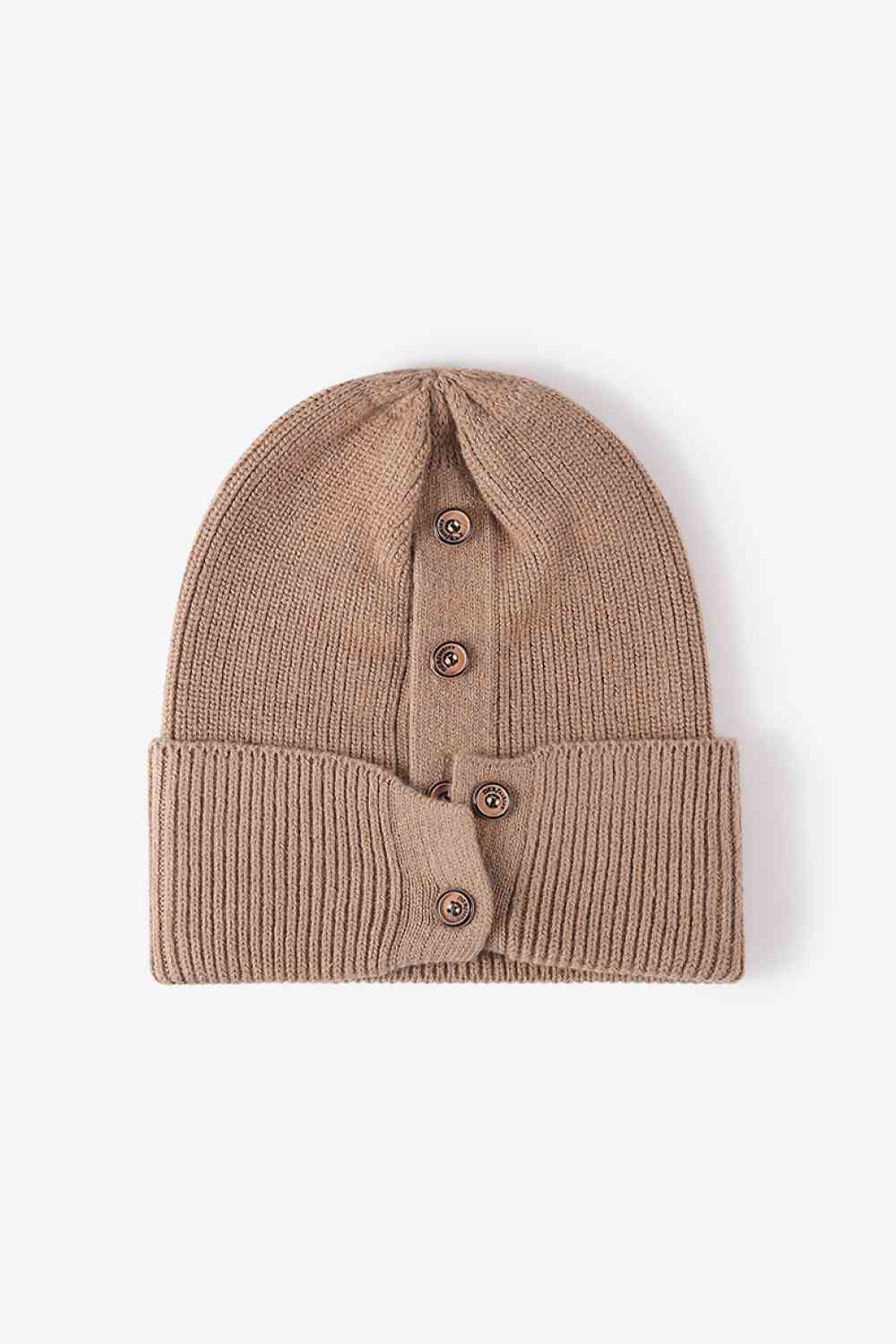 Button Detail Rib-Knit Cuff Beanie - TRENDMELO