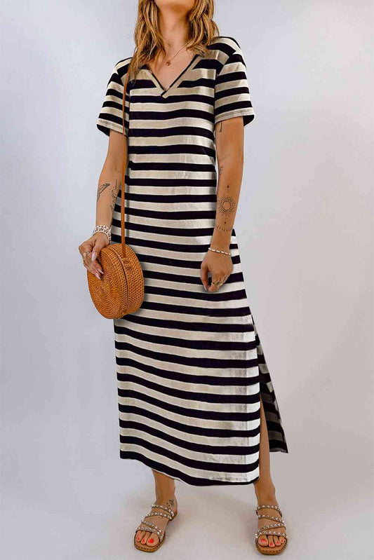 Striped V-Neck Short Sleeve Side Slit Dress - TRENDMELO