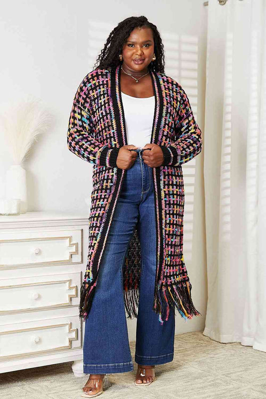 Double Take Full Size Multicolored Open Front Fringe Hem Cardigan - TRENDMELO