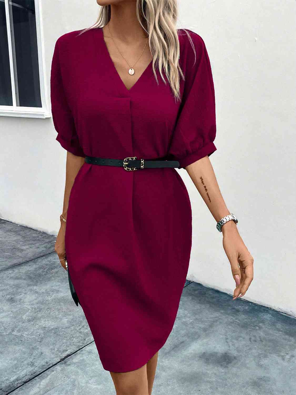 V-Neck Half Sleeve Dress - TRENDMELO