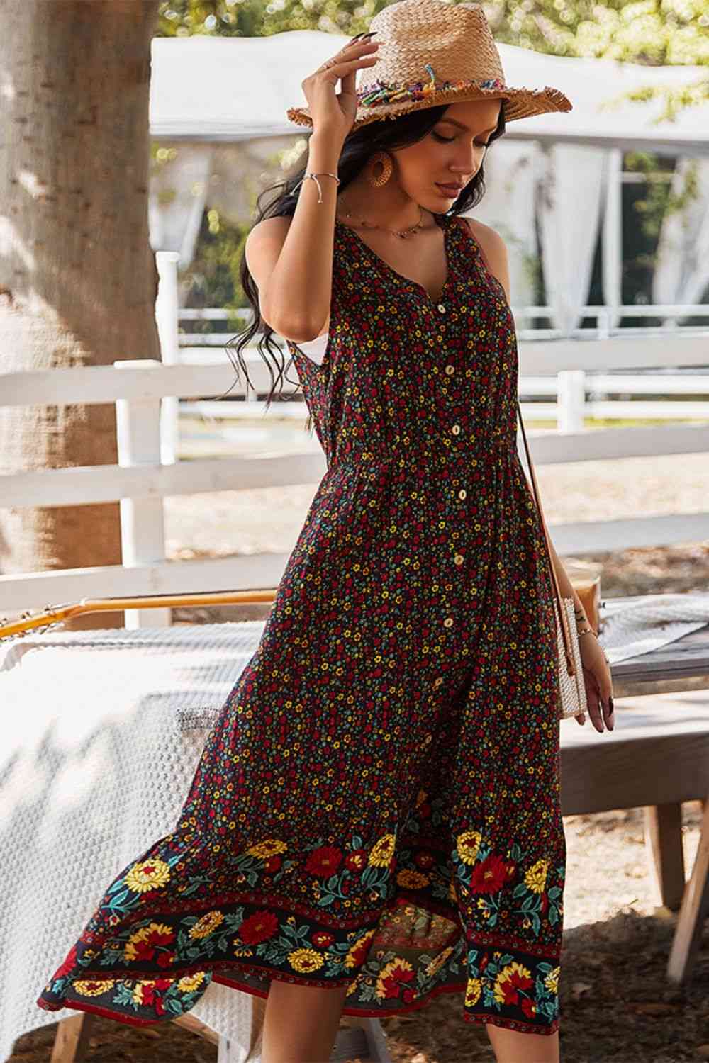 Floral Print Bohemian Style V-neck Sleeveless Midi Dress - TRENDMELO