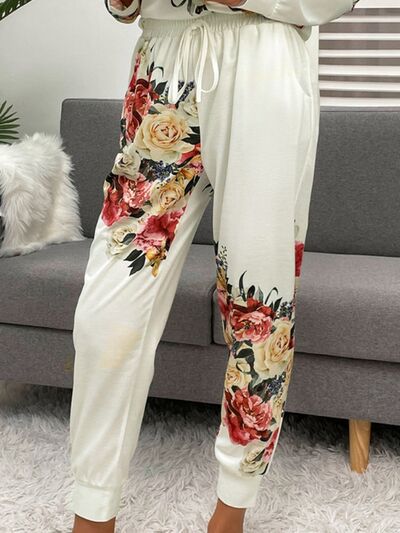 Printed Round Neck Top and Drawstring Pants Lounge Set - TRENDMELO