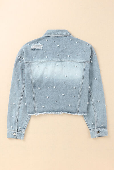 Distressed Pearl Trim Button Up Denim Jacket - TRENDMELO