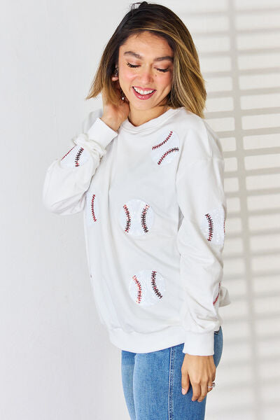 Sequin Ball Round Neck Dropped Shoulder Sweatshirt - TRENDMELO