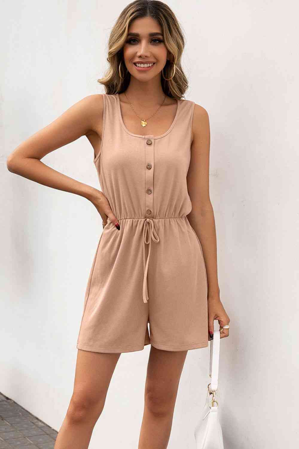 Buttoned Round Neck Sleeveless Romper - TRENDMELO