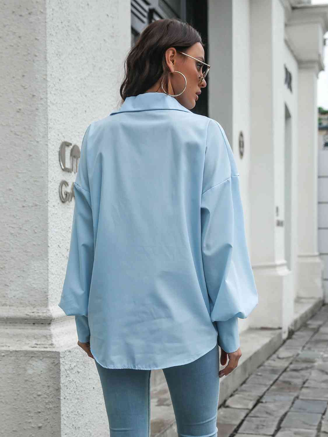 Collared Neck Dropped Shoulder Buttoned Shirt - TRENDMELO