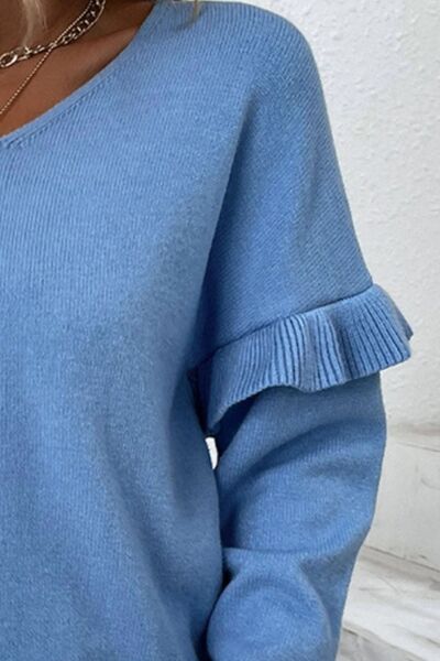 V-Neck Ruffle Trim Long Sleeve Sweater - TRENDMELO