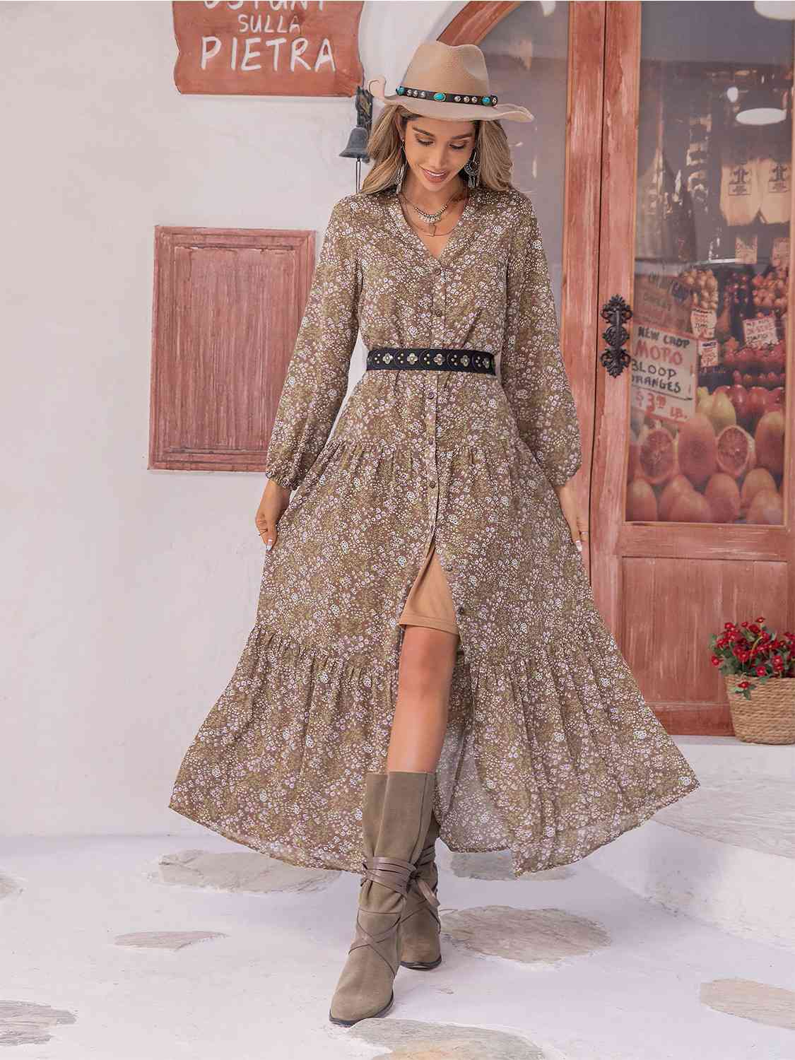 Floral Button Up V-Neck Tiered Dress - TRENDMELO