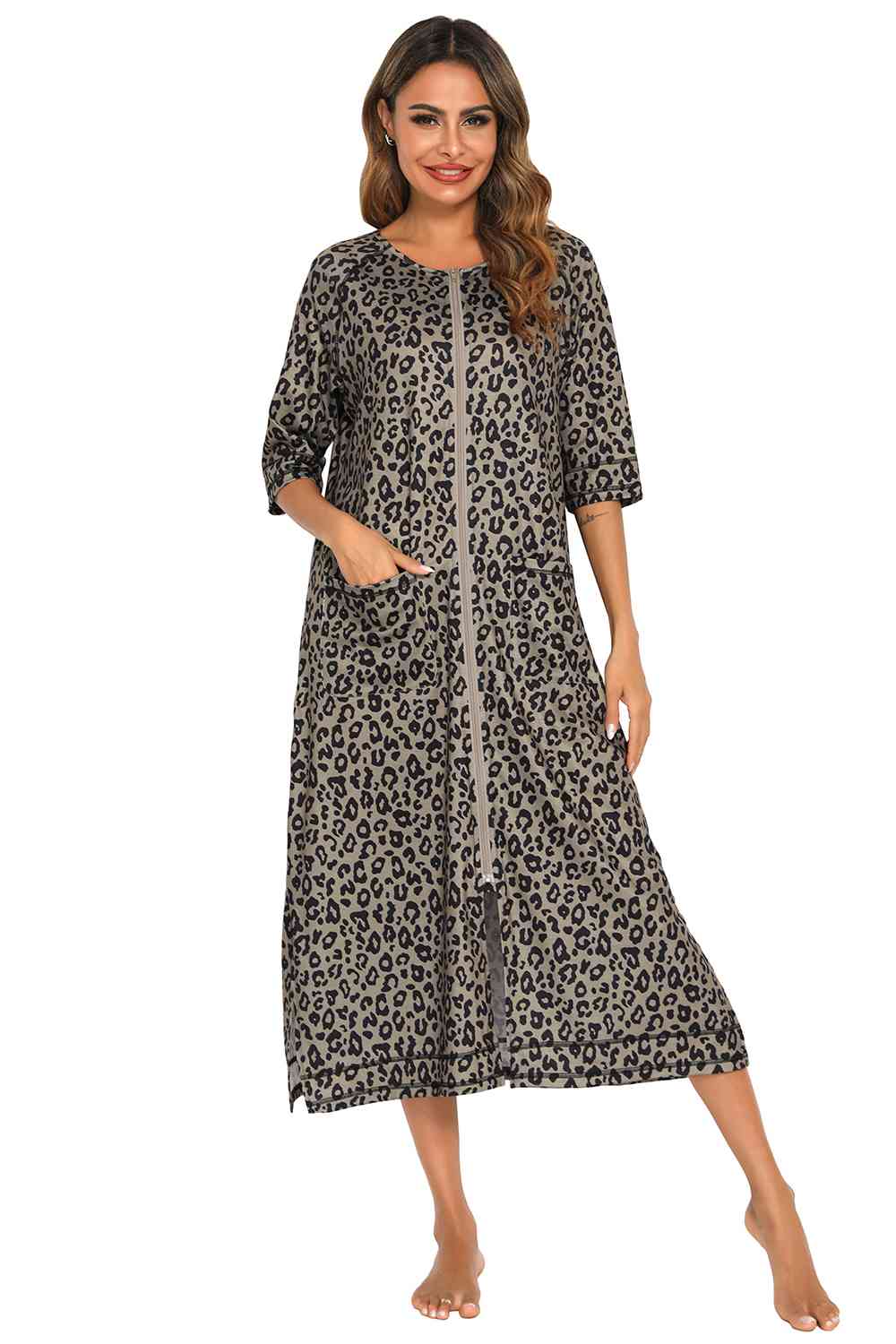 Printed Slit Night Dress with Pockets - TRENDMELO