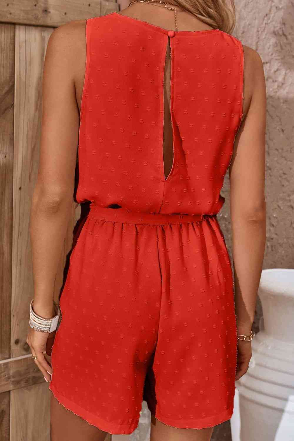 Swiss Dot Contrast Tie Waist Romper - TRENDMELO