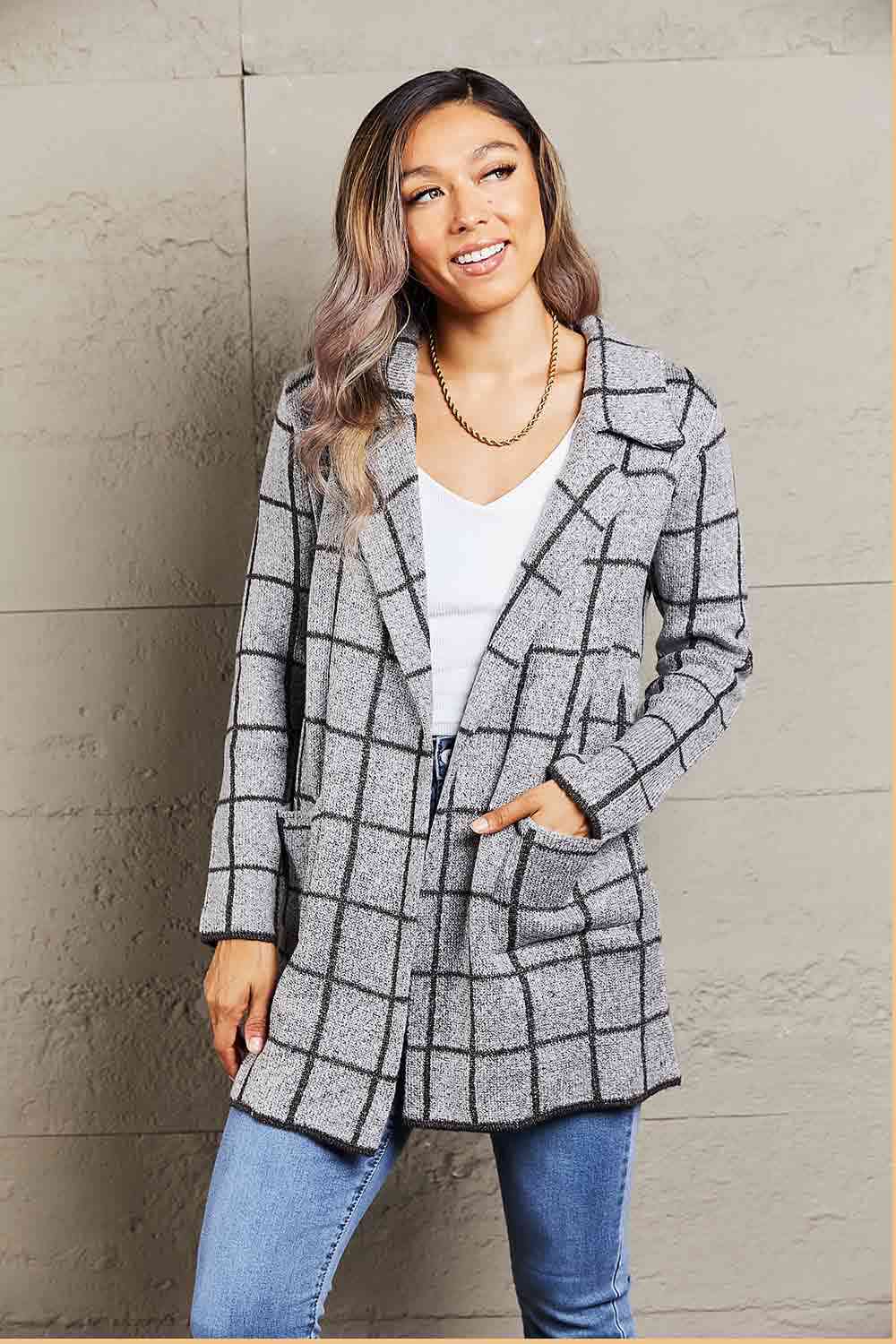 Double Take Printed Open Front Lapel Collar Cardigan with Pockets - TRENDMELO