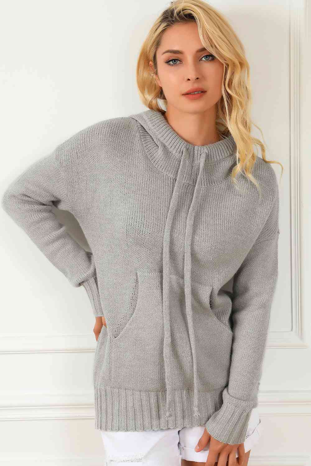 Drawstring Hooded Sweater with Pocket - TRENDMELO