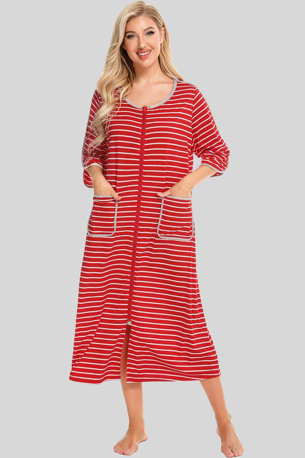 Round Neck Three-Quarter Sleeve Midi Night Dress - TRENDMELO