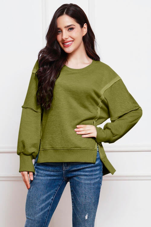 Exposed Seam High-Low Slit Sweatshirt - TRENDMELO