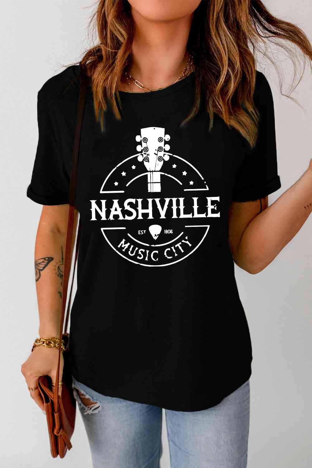 Western NASHVILLE MUSIC CITY Cuffed Graphic Tee Shirt - TRENDMELO