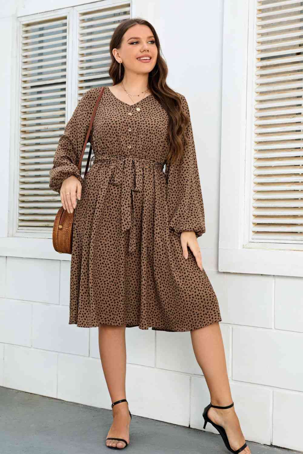 Plus Size Printed V-Neck Balloon Sleeve Tie Waist Dress - TRENDMELO