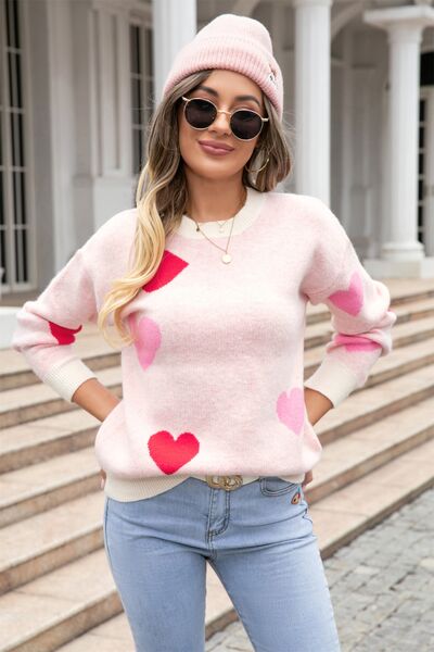 Heart Round Neck Droppped Shoulder Sweater - TRENDMELO