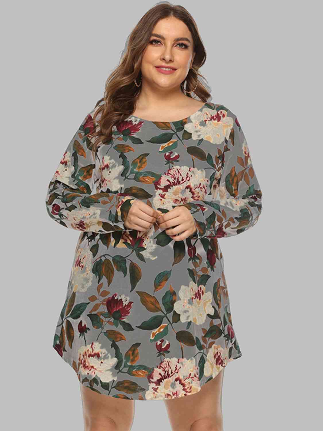 Full Size Floral Long Sleeve Mini Dress - TRENDMELO